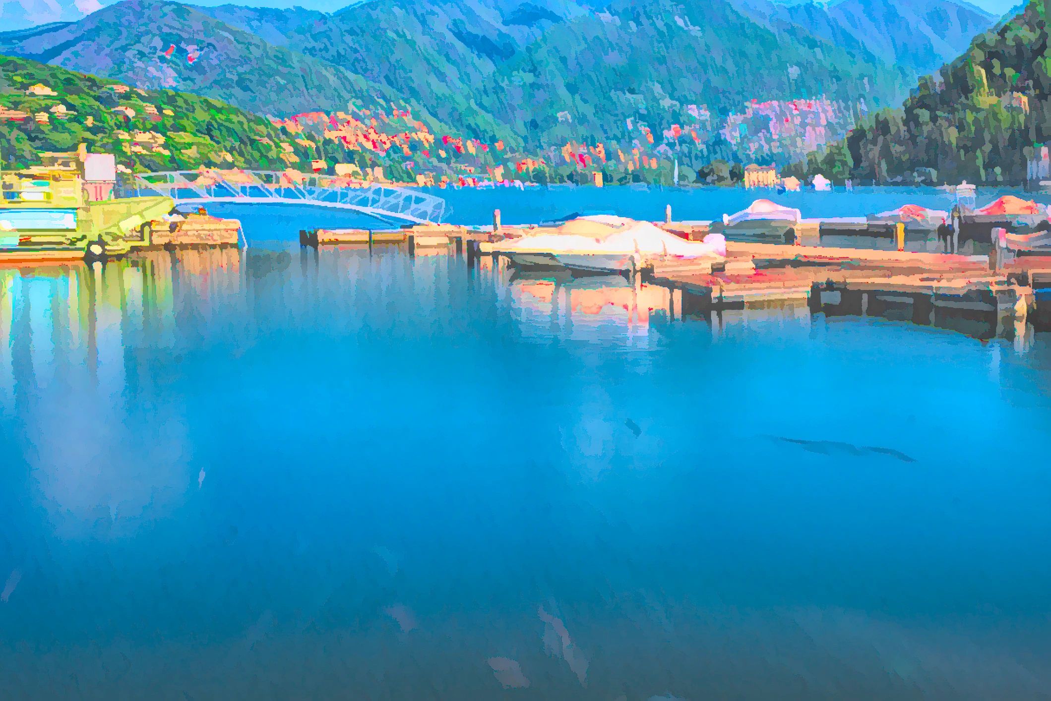 Painterly lakeside scene with soft atmospheric texture
